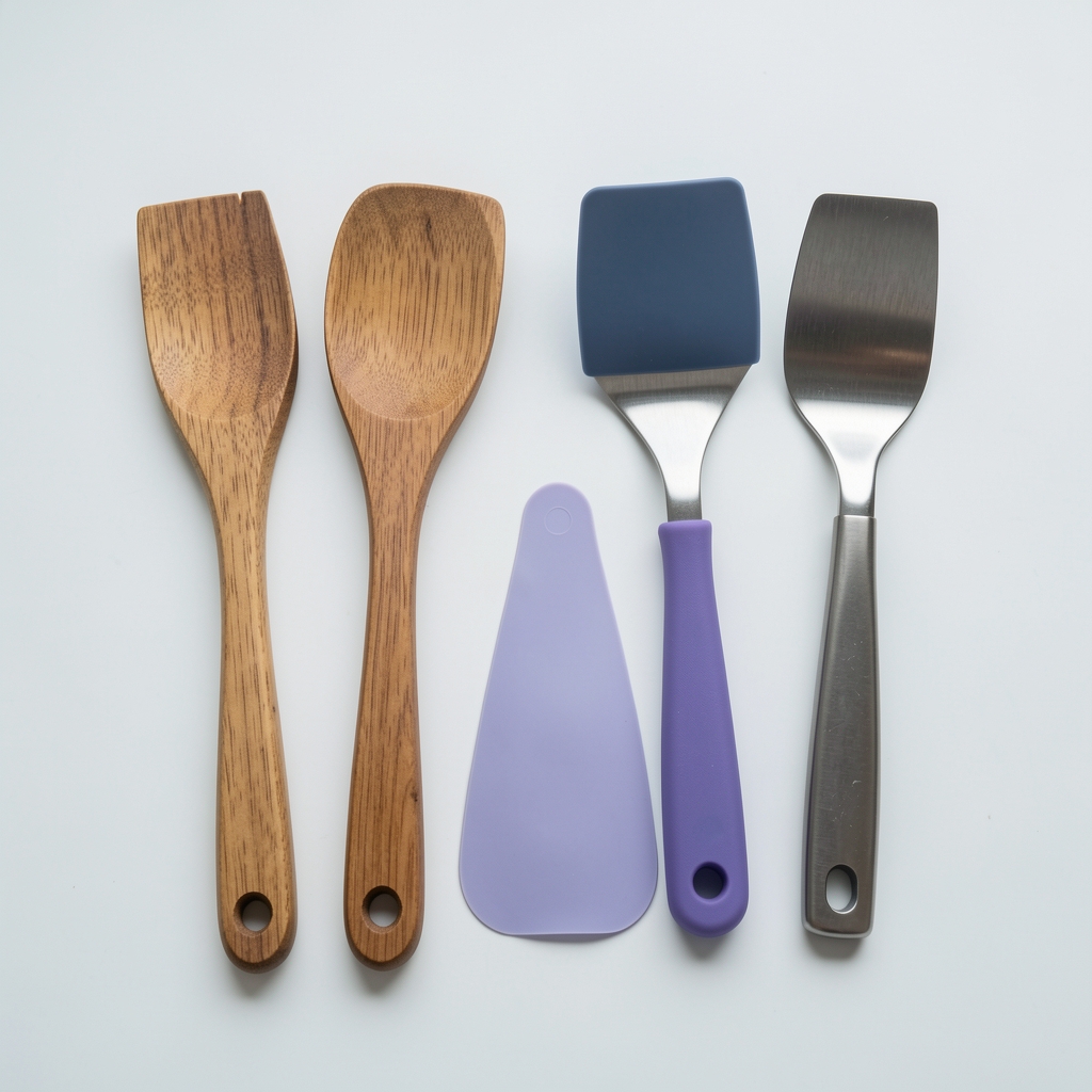 Espátulas de madera, silicona y acero comparadas en una composición ordenada sobre fondo claro