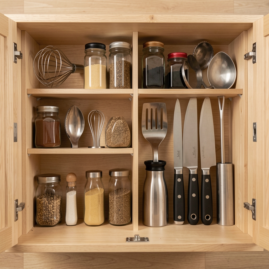 Cajón de cocina ordenado con utensilios separados por función
