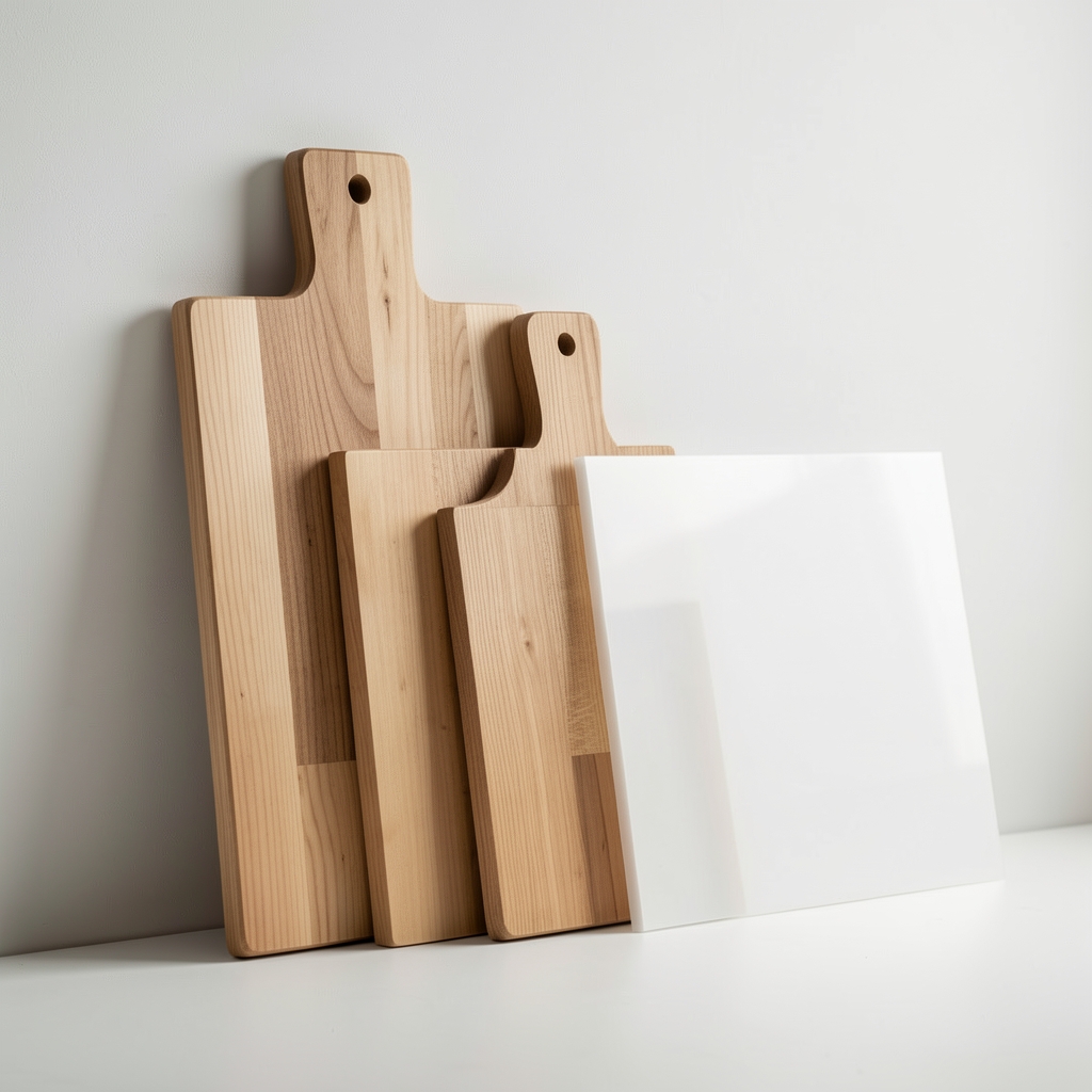 Tablas de cortar de madera y polietileno de distintos tamaños apoyadas contra una pared clara