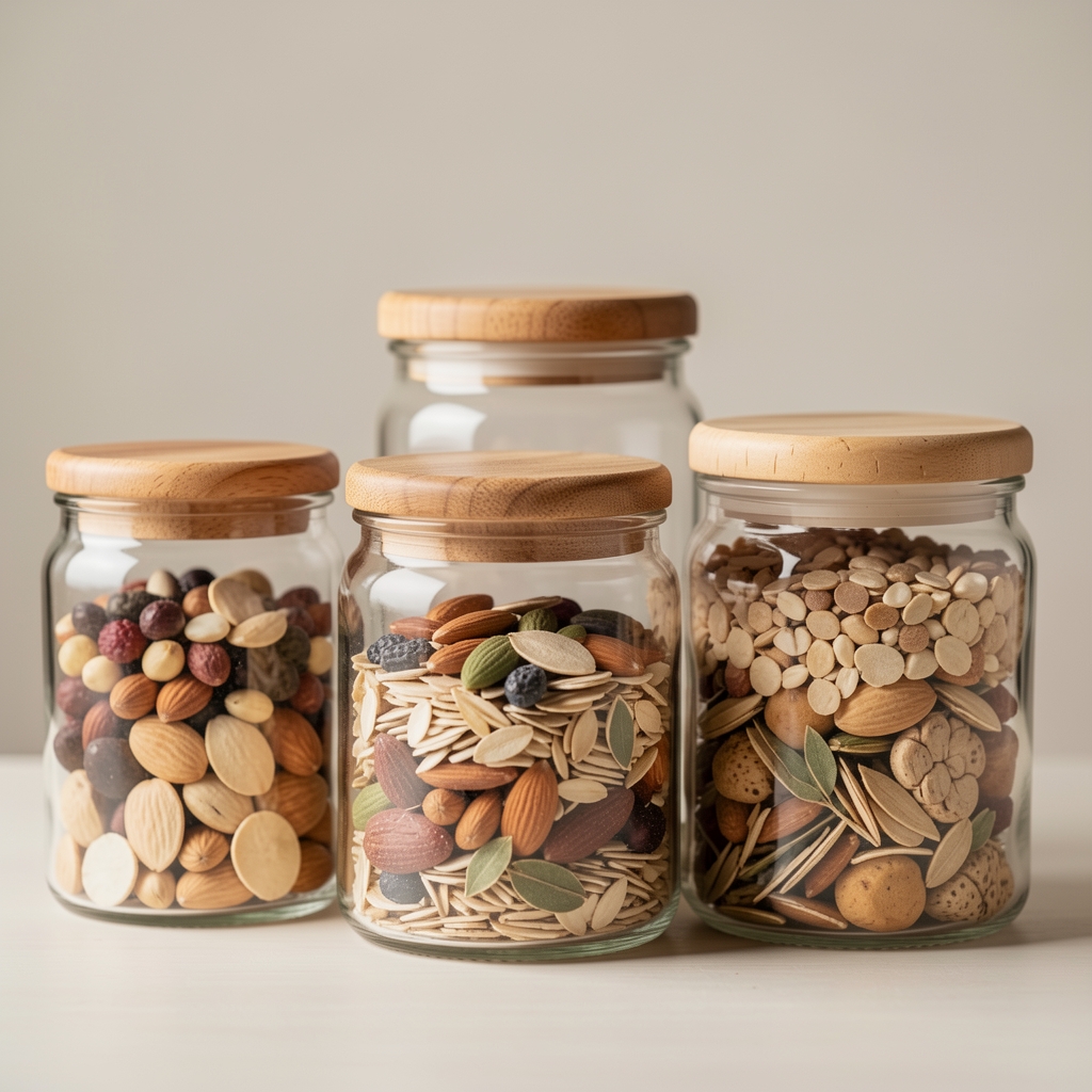 Conjunto de frascos de vidrio con tapas de madera para alimentos secos