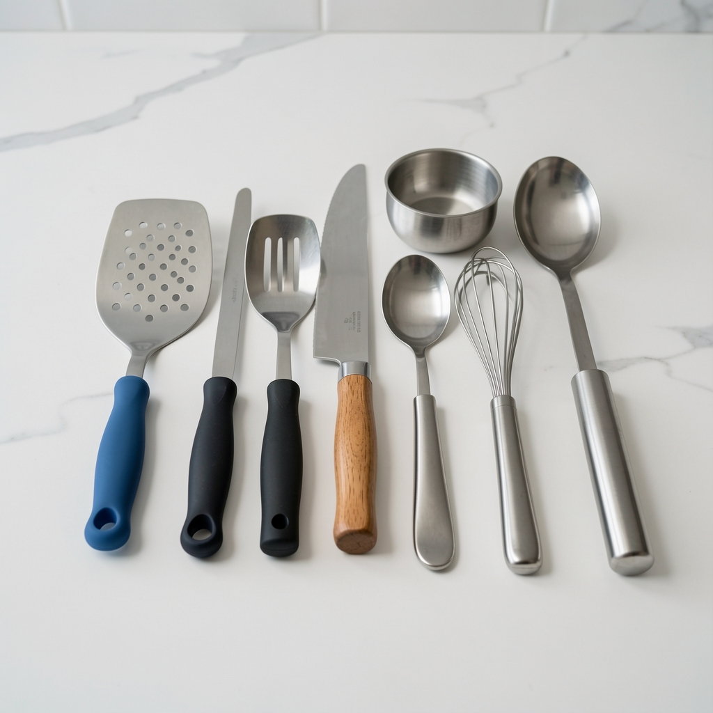 Utensilios de cocina de silicona y acero alineados por tamaño