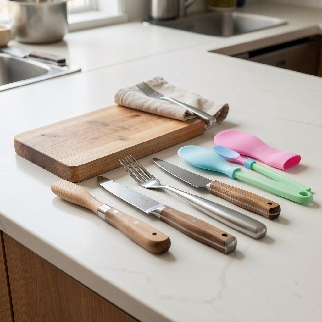Composición de utensilios de madera, acero y silicona ordenados sobre una mesada de cocina clara