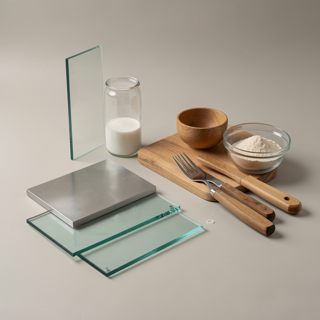 Muestras de acero, vidrio, madera y silicona junto a utensilios de cocina sobre fondo neutro