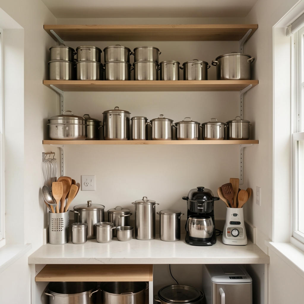 Interior de una cocina pequeña con recipientes uniformes y utensilios organizados en estantes