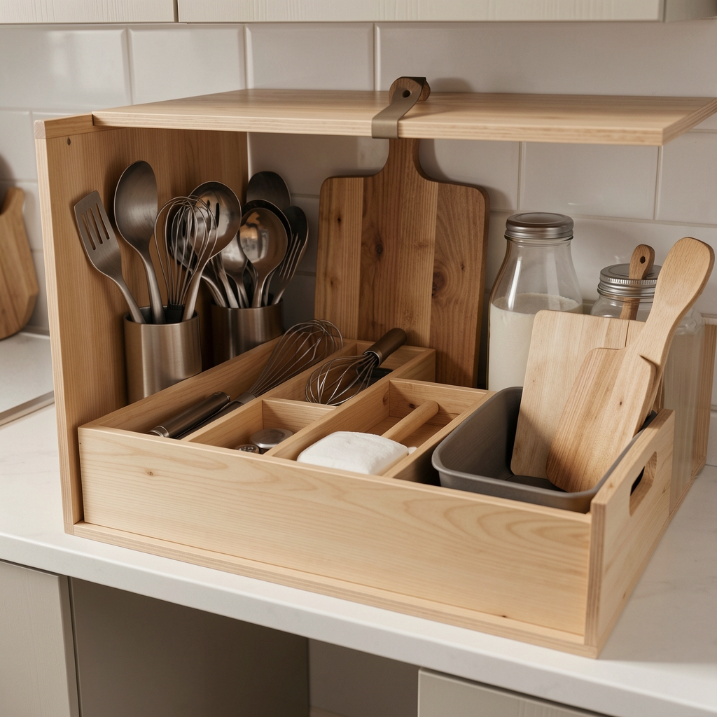 Cajón de cocina ordenado con separadores para utensilios y tablas de cortar