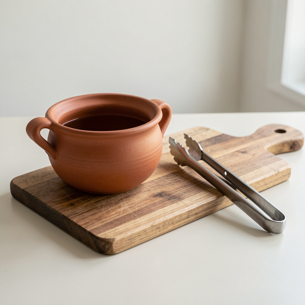 Fuente de cerámica y pinzas de servir junto a una tabla de madera sobre una mesa clara