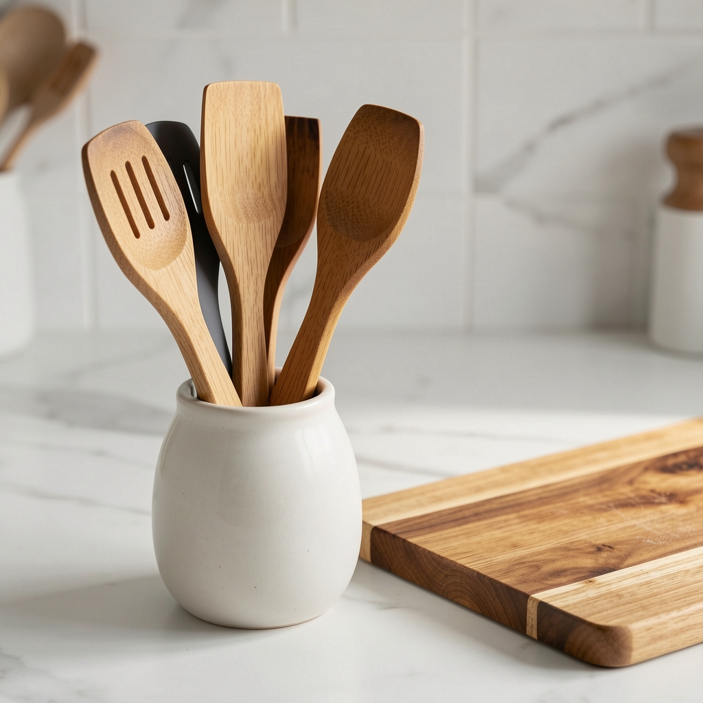 Set de espátulas de madera y silicona apoyadas en un soporte de cerámica junto a una tabla de cortar